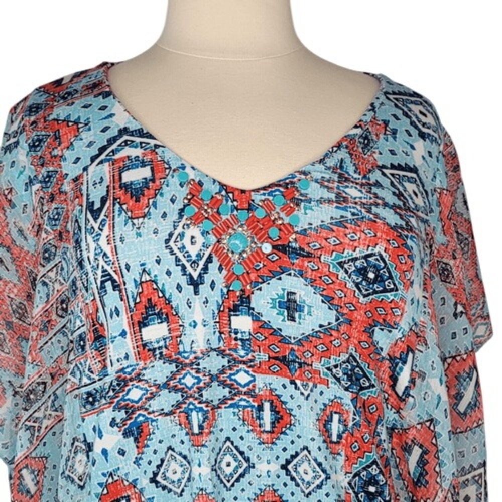 Ruby Rd Red & Blue Embellished V-Neck‎ Top - Picture 3 of 11